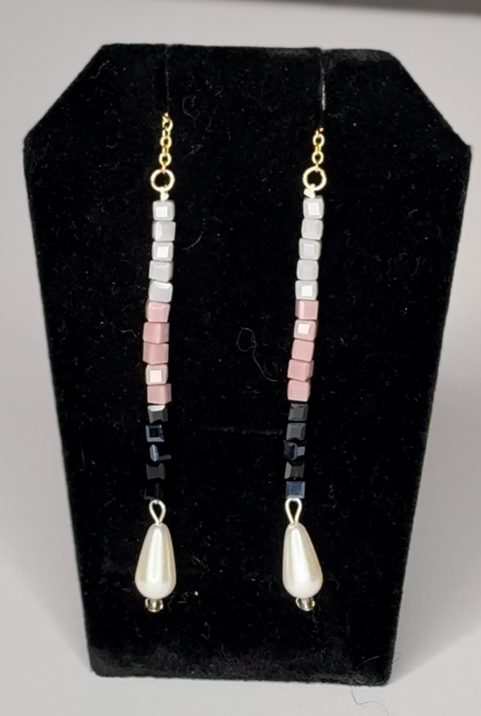 Pair of pearl drop earrings  with black mauve and moth color glass cubic beads.