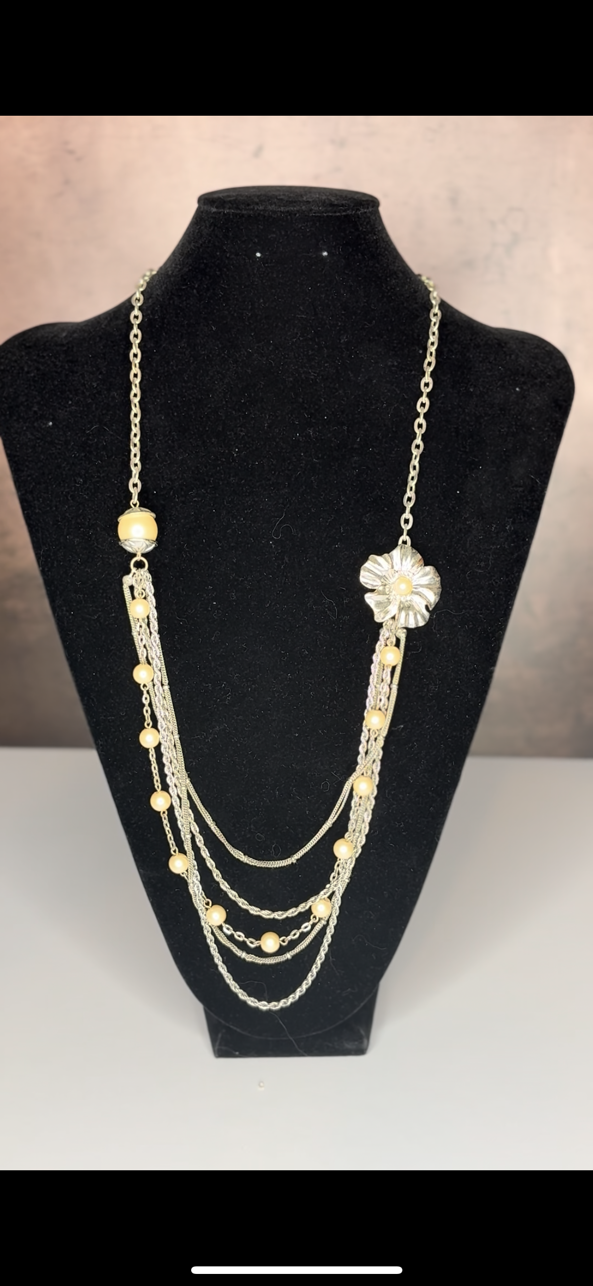 Upcycled Handmade Multi-Strand Silver-Toned Necklace with Floral Accent